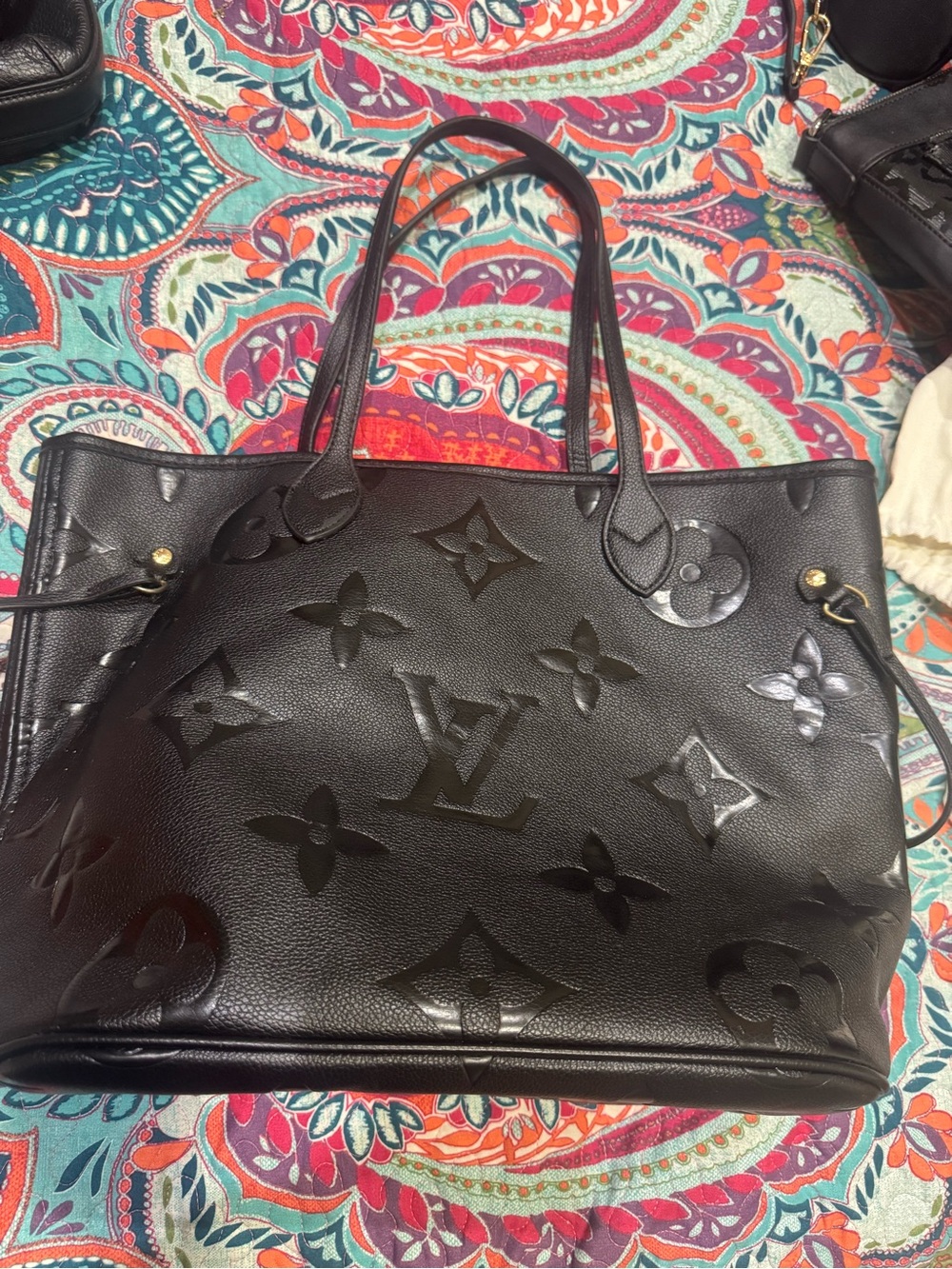 LV Black Embossed Monogram Leather Tote